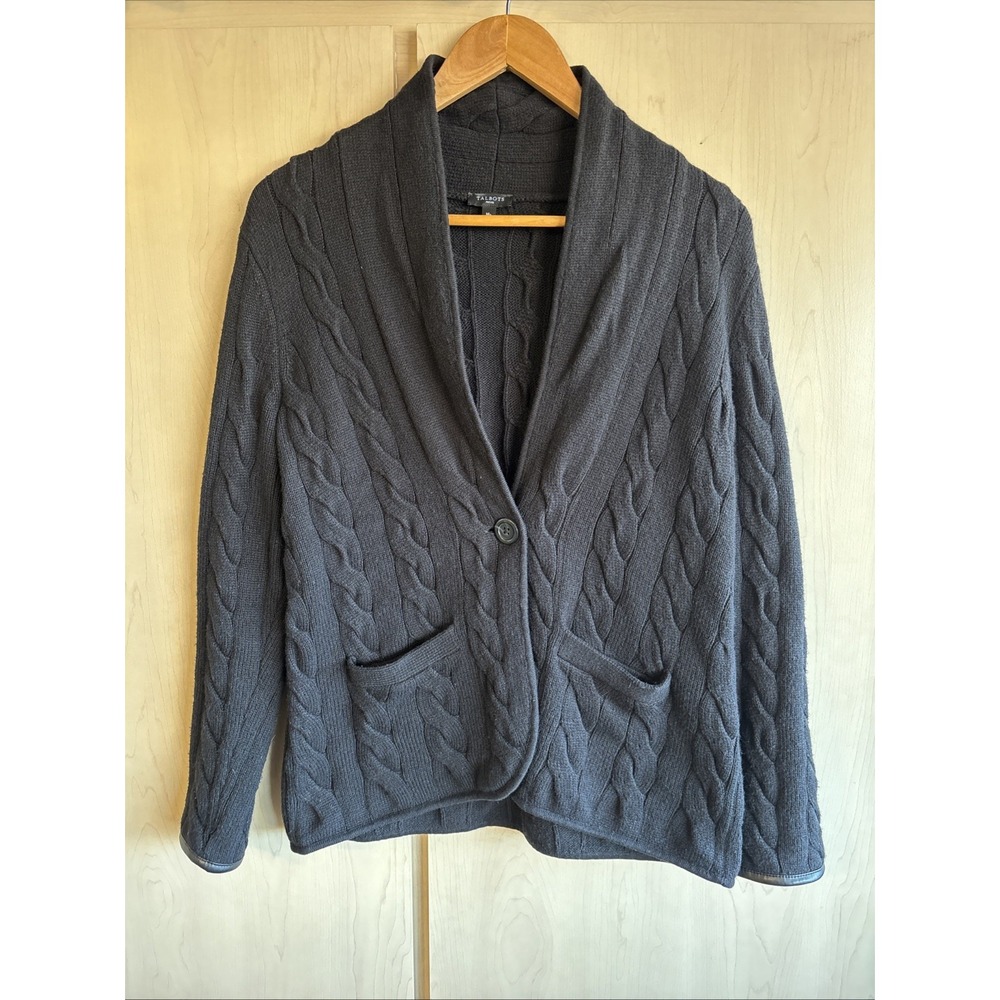 Talbots Black Cable-Knit Collar 2-Button Cardigan Pockets Womens MP Med-Petite
